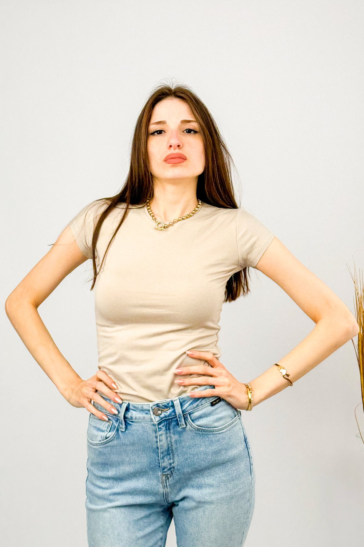 Kadın Kısa Kollu Bisiklet Yaka Body BEJ - 2XL/3XL