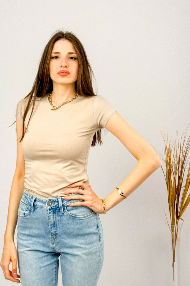 Kadın Kısa Kollu Bisiklet Yaka Body BEJ - 2XL/3XL