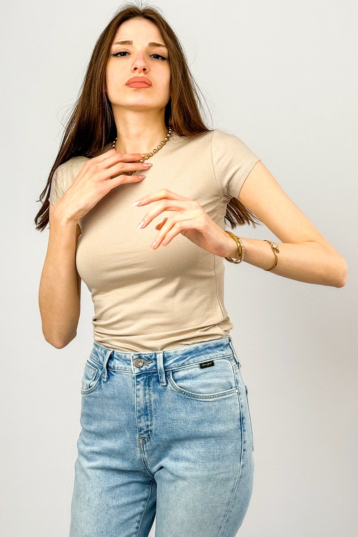 Kadın Kısa Kollu Bisiklet Yaka Body BEJ - 2XL/3XL