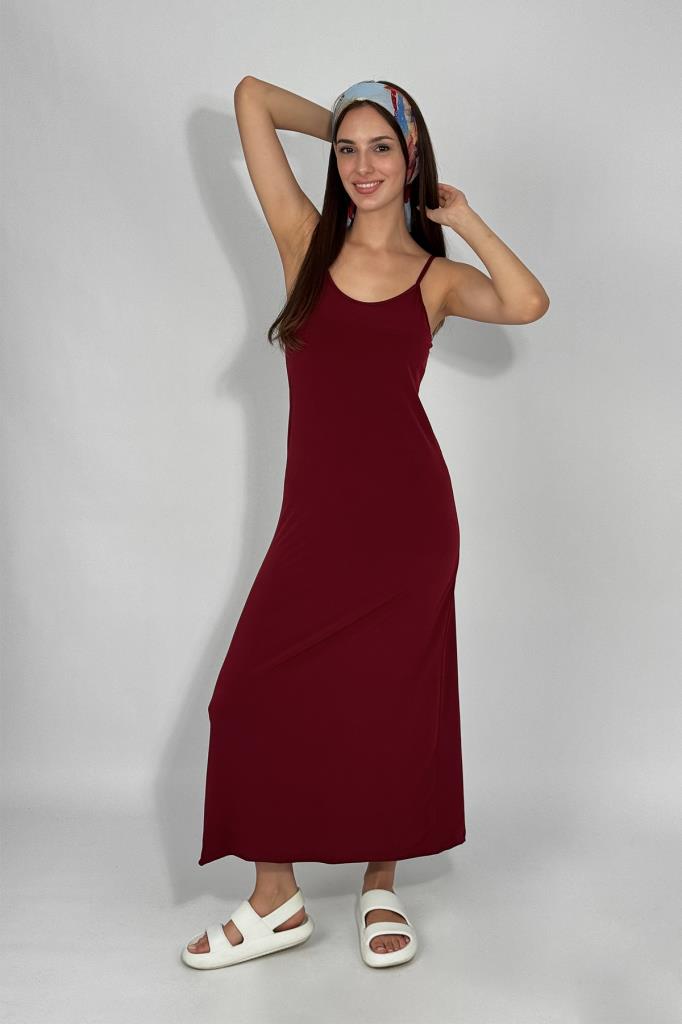 Kadın Maxi Sandy Kumaş İp Askılı Düz Renk Fitted/Vücuda Oturan Dar Esnek Rahat Saran Uzun Elbise BORDO - L