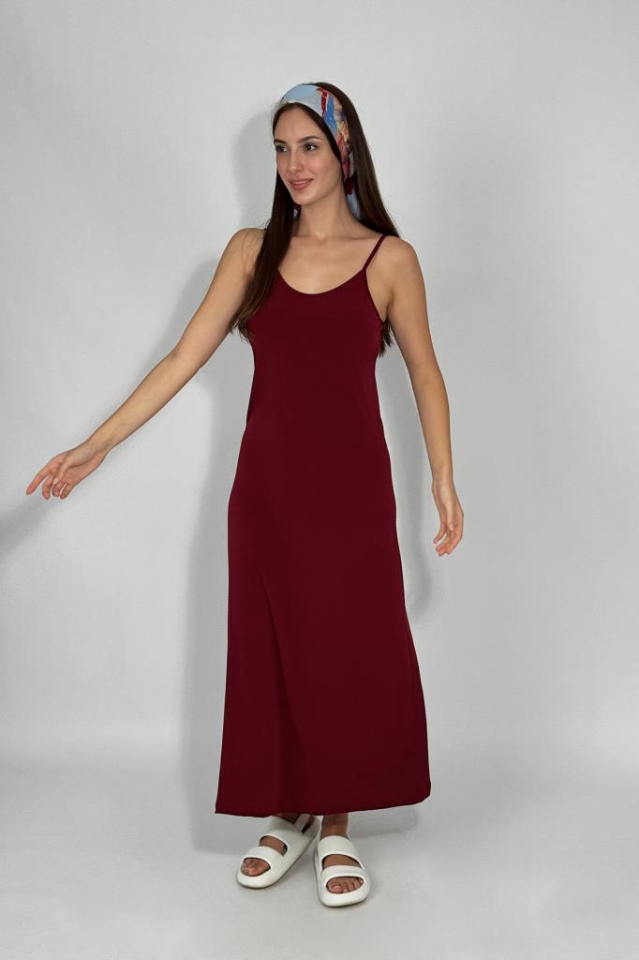 Kadın Maxi Sandy Kumaş İp Askılı Düz Renk Fitted/Vücuda Oturan Dar Esnek Rahat Saran Uzun Elbise BORDO - L