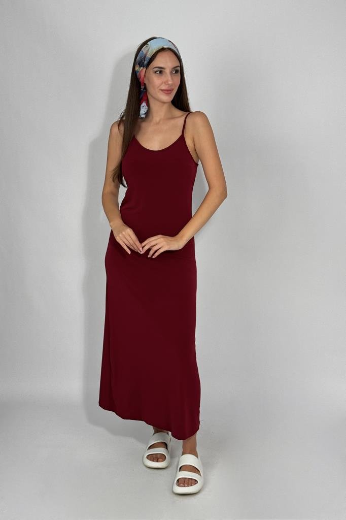 Kadın Maxi Sandy Kumaş İp Askılı Düz Renk Fitted/Vücuda Oturan Dar Esnek Rahat Saran Uzun Elbise BORDO - L