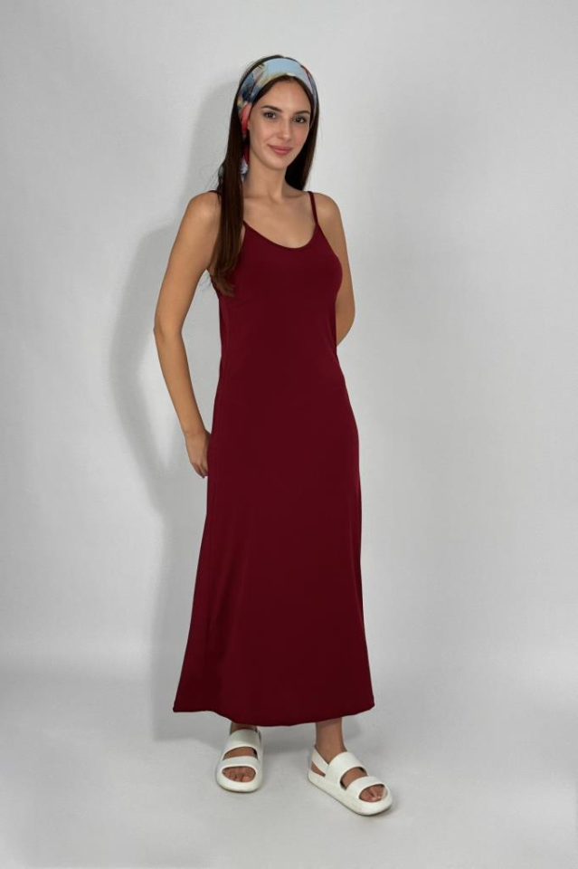 Kadın Maxi Sandy Kumaş İp Askılı Düz Renk Fitted/Vücuda Oturan Dar Esnek Rahat Saran Uzun Elbise BORDO - L