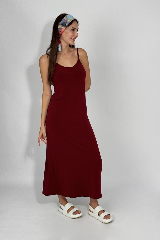 Kadın Maxi Sandy Kumaş İp Askılı Düz Renk Fitted/Vücuda Oturan Dar Esnek Rahat Saran Uzun Elbise BORDO - L