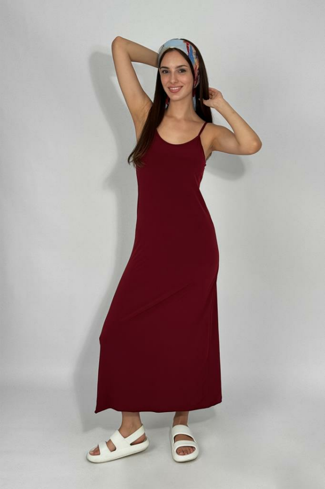 Kadın Maxi Sandy Kumaş İp Askılı Düz Renk Fitted/Vücuda Oturan Dar Esnek Rahat Saran Uzun Elbise BORDO - XL