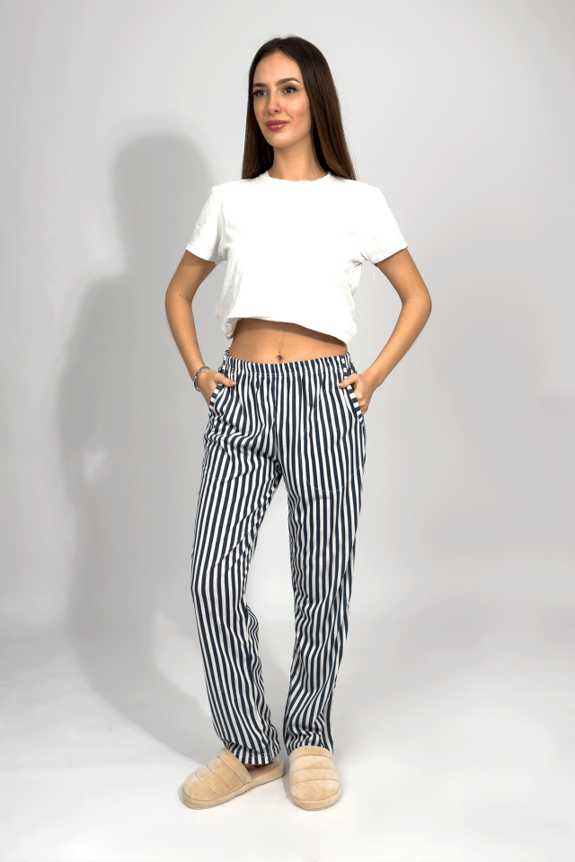 Kadın Cepli Pamuklu Lastikli Bel Kurdeleli Desenli Pijama Altı Lacivert Çizgili - XL