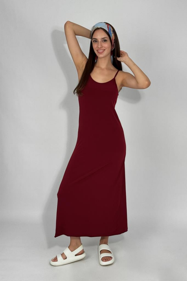 Kadın Maxi Sandy Kumaş İp Askılı Düz Renk Fitted/Vücuda Oturan Dar Esnek Rahat Saran Uzun Elbise BORDO - 3XL