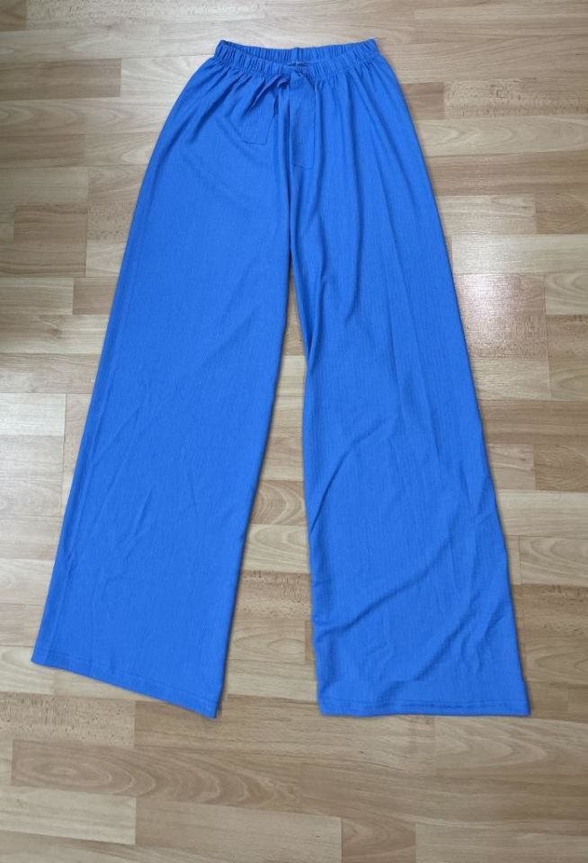 Betimoda Kadın Beli Lastikli Bol Paça Oversize Bürümcük Kumaş Uzun Pantolon MAVİ - M