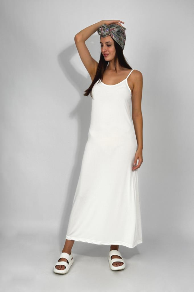 Kadın Maxi Sandy Kumaş İp Askılı Düz Renk Fitted/Vücuda Oturan Dar Esnek Rahat Saran Uzun Elbise EKRU - M