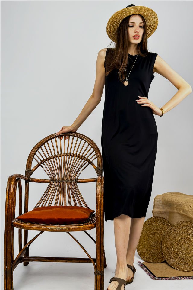 Kadın Penye  Uzun Tunik Elbise Sıfır Kol Bisiklet Yaka SİYAH - L/XL