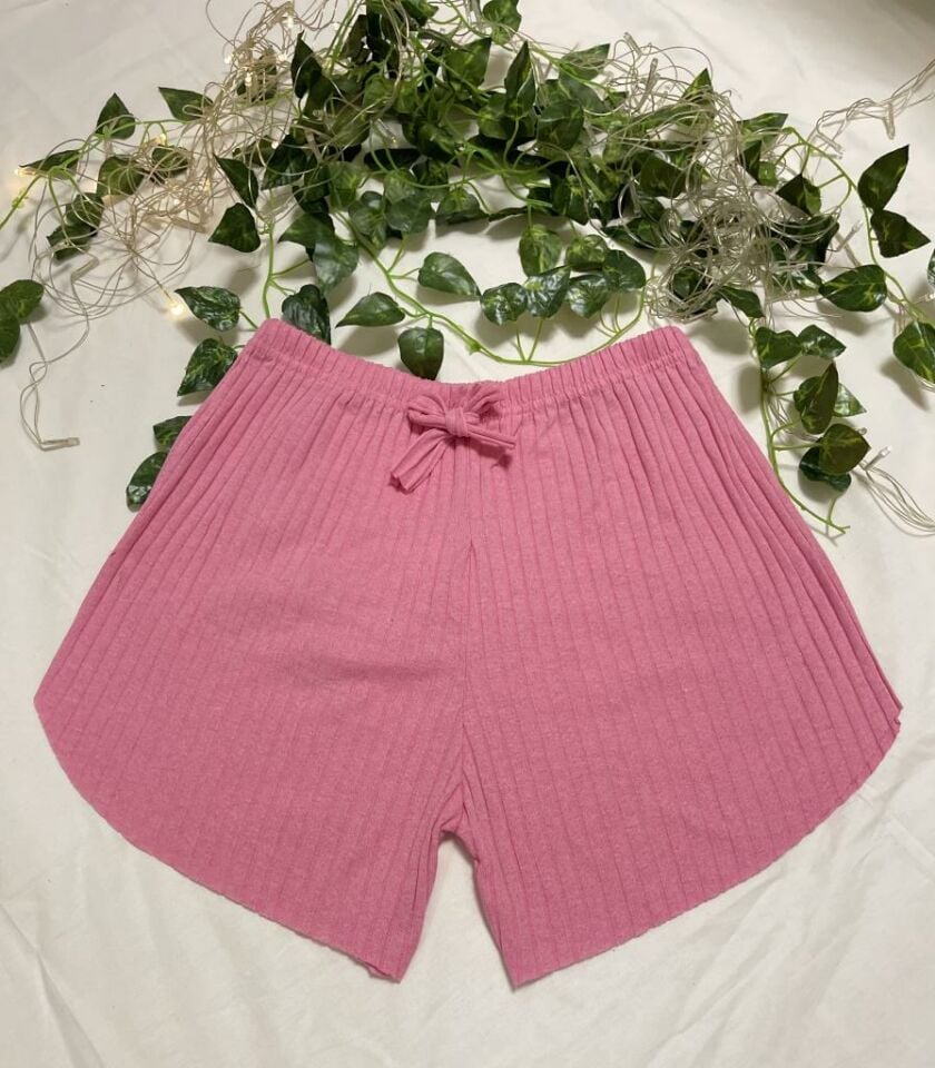 %100 Pamuk Kadın Fitilli Çizgili İnce Şort MF.Pembe - XXL