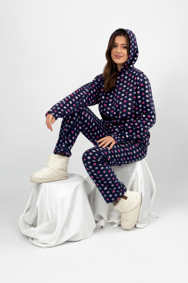 Kadın Kışlık Polar Alt-Üst Lastikli Bel Kapüşonlu Pijama Takımı Pembe Puantiye - L/XL