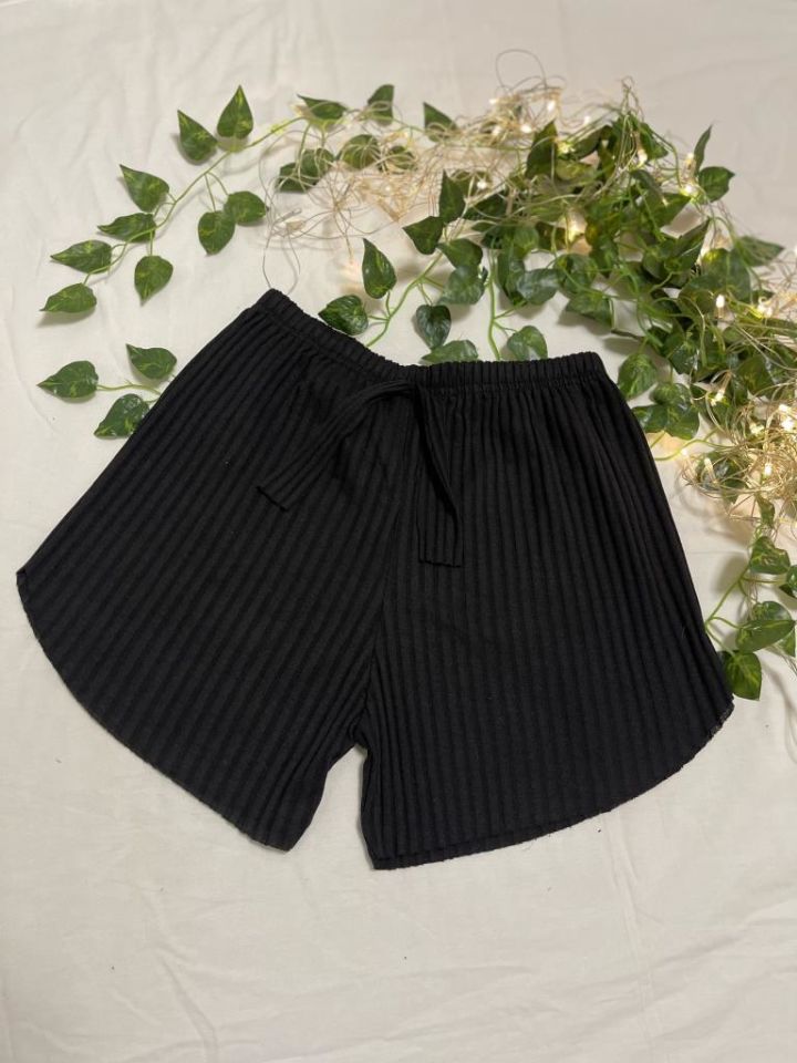 %100 Pamuk Kadın Fitilli Çizgili İnce Şort MF.Siyah - XXL