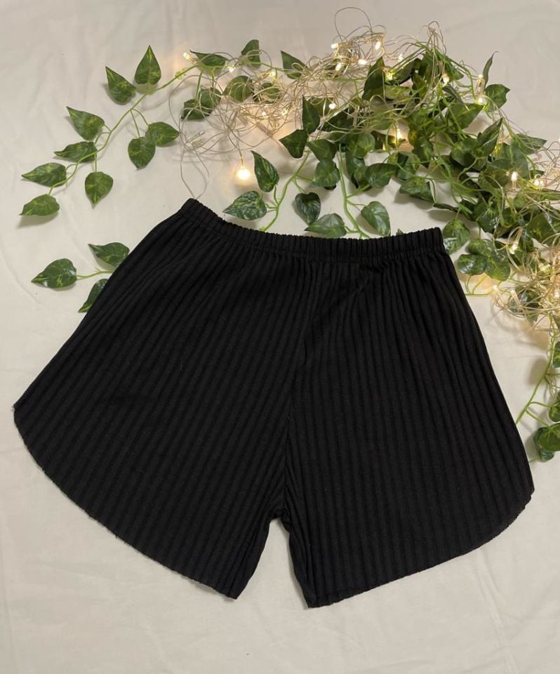 %100 Pamuk Kadın Fitilli Çizgili İnce Şort MF.Siyah - XXL