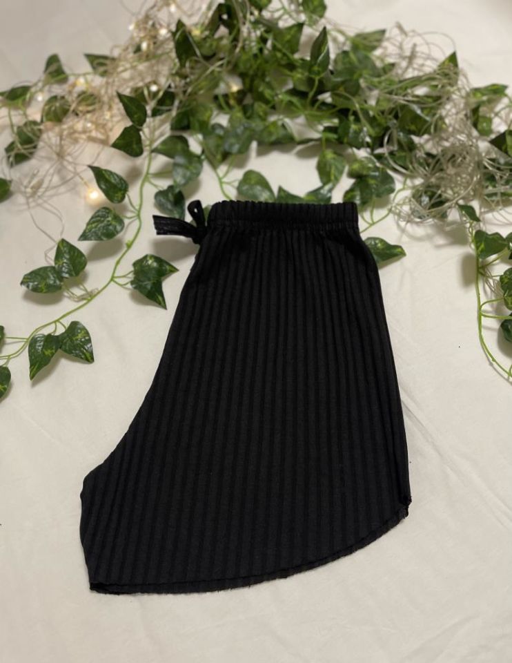 %100 Pamuk Kadın Fitilli Çizgili İnce Şort MF.Siyah - XXL