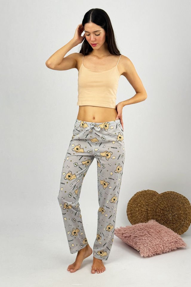Kadın %100 Pamuk Nefes Alan Kumaş Lastikli Bel Desenli Baskılı Pijama Altı XXL - Gri Koala