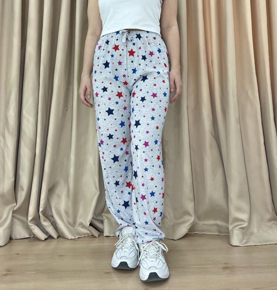 Kadın %100 Pamuk Nefes Alan Kumaş Lastikli Bel Desenli Baskılı Pijama Altı S - Gri Yıldız