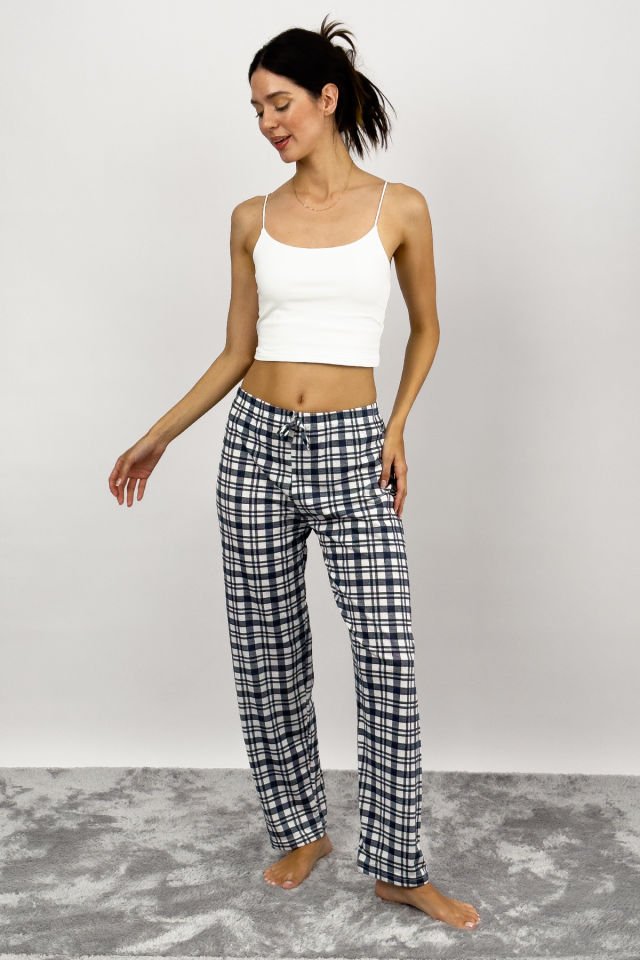 Kadın Pamuklu Ekose Desenli Pijama Altı Eşofman Kurdeleli Süp Laci Beyaz - L