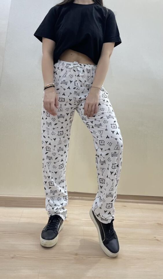 Kadın Lastikli Bel %100 Pamuk Kurdeleli Desenli Pijama Altı BEYAZ - S