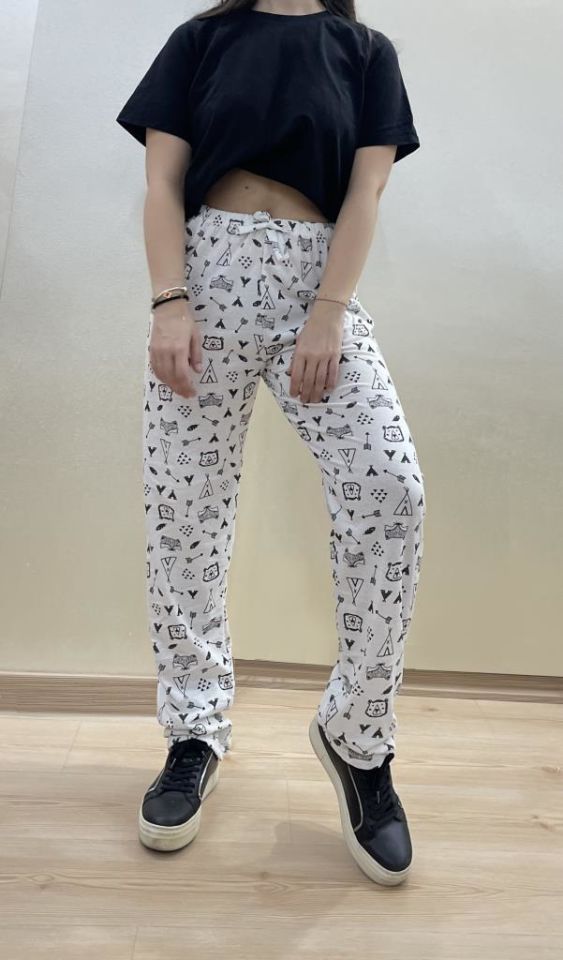 Kadın Lastikli Bel %100 Pamuk Kurdeleli Desenli Pijama Altı BEYAZ - M