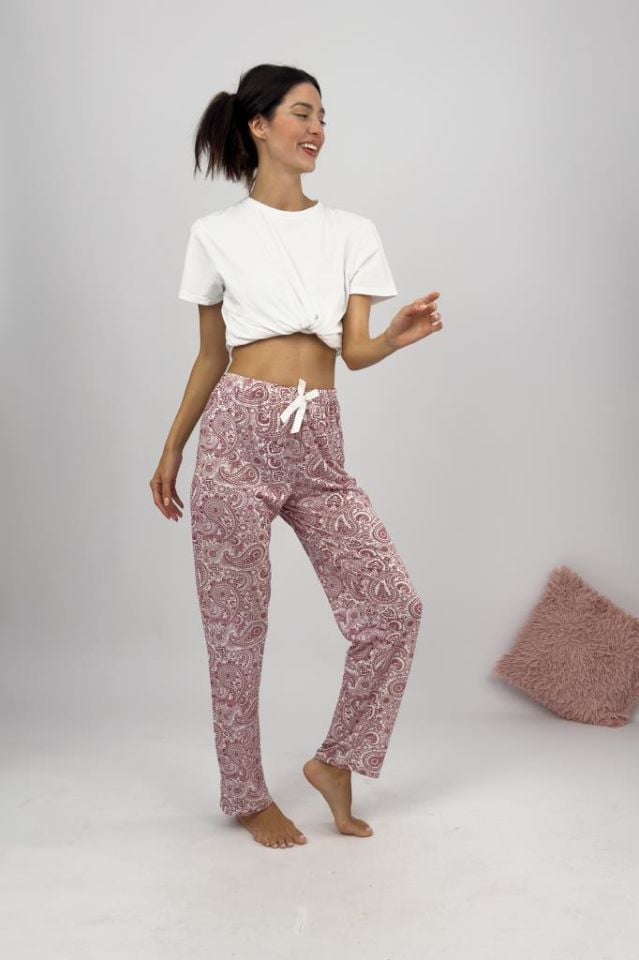 Betimoda Kadın Pijama Altı Kurdeleli Bordo Buta - 4XL