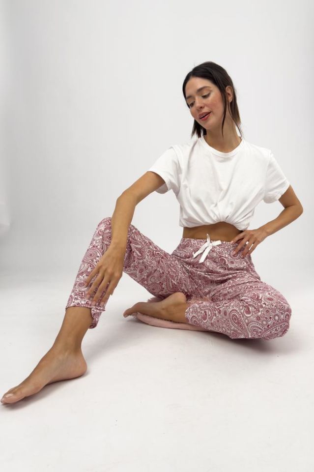 Betimoda Kadın Pijama Altı Kurdeleli Bordo Buta - 4XL