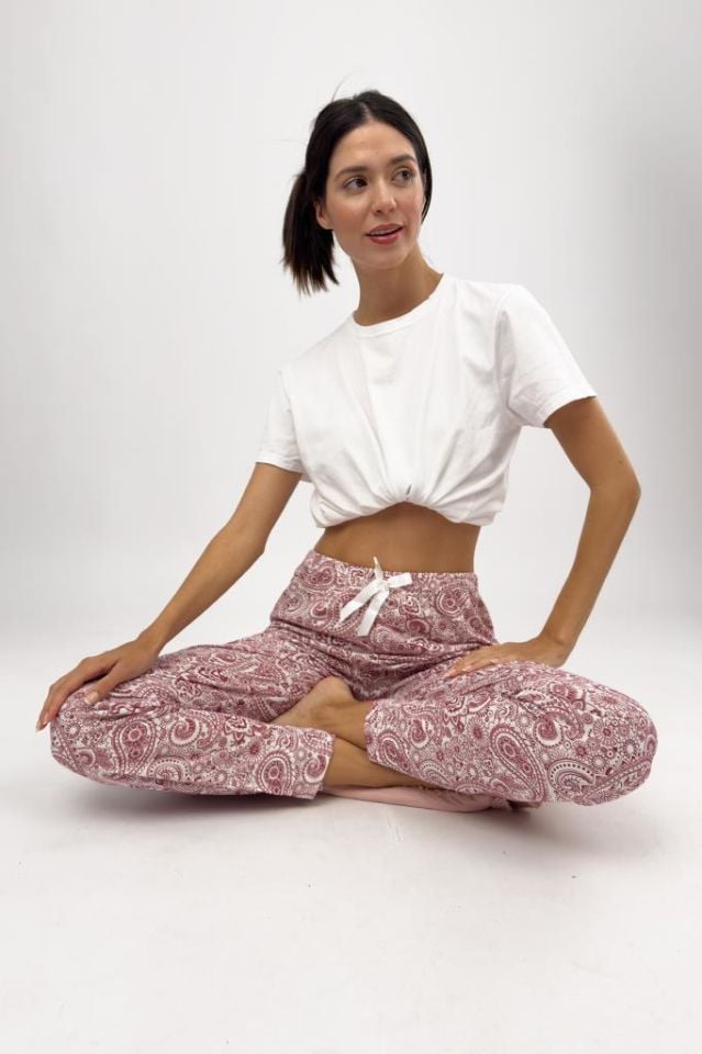 Betimoda Kadın Pijama Altı Kurdeleli Bordo Buta - 4XL