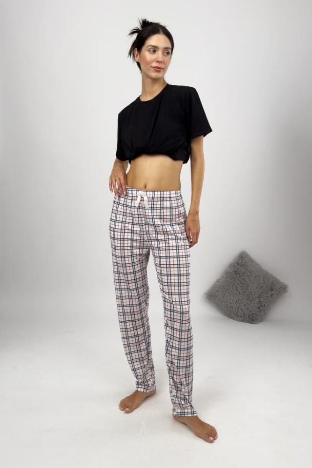Betimoda Kadın Pijama Altı Kurdeleli Kırmızı Şerit Beyaz Kare - 5XL
