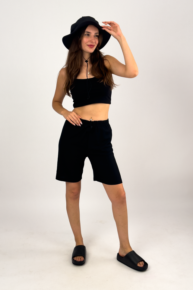 Betimoda Kadın Beli Lastikli Bol Paça Oversize Bürümcük Kumaş Şort SİYAH - S