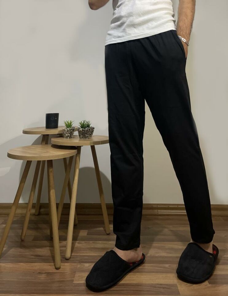 Betimoda %100 Pamuk Kareli Beli Lastikli Cepli Erkek Pijama Altı SİYAH - XL