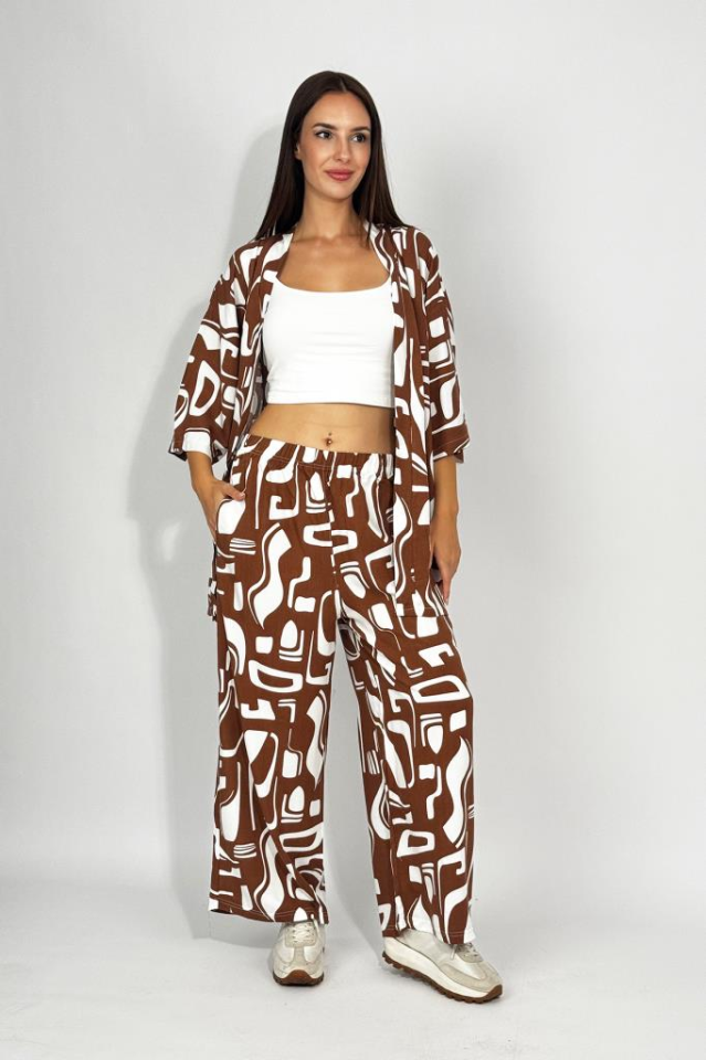 Dokuma Viskon Rahat Kesim Kimono Altı Uzun Takım Kahve - 3XL