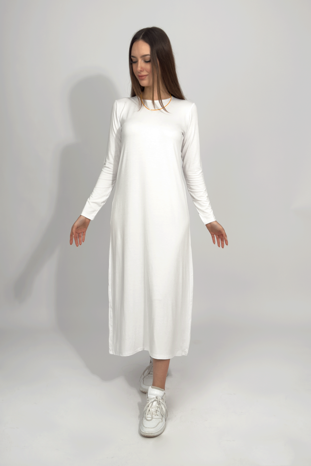 Kadın Yazlık Uzun Kollu Viskon Midi Boy Bisiklet Yaka Elbise BEYAZ - 2XL/3XL