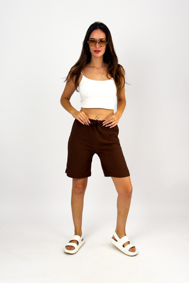 Betimoda Kadın Beli Lastikli Bol Paça Oversize Bürümcük Kumaş Şort Kahve - 2XL