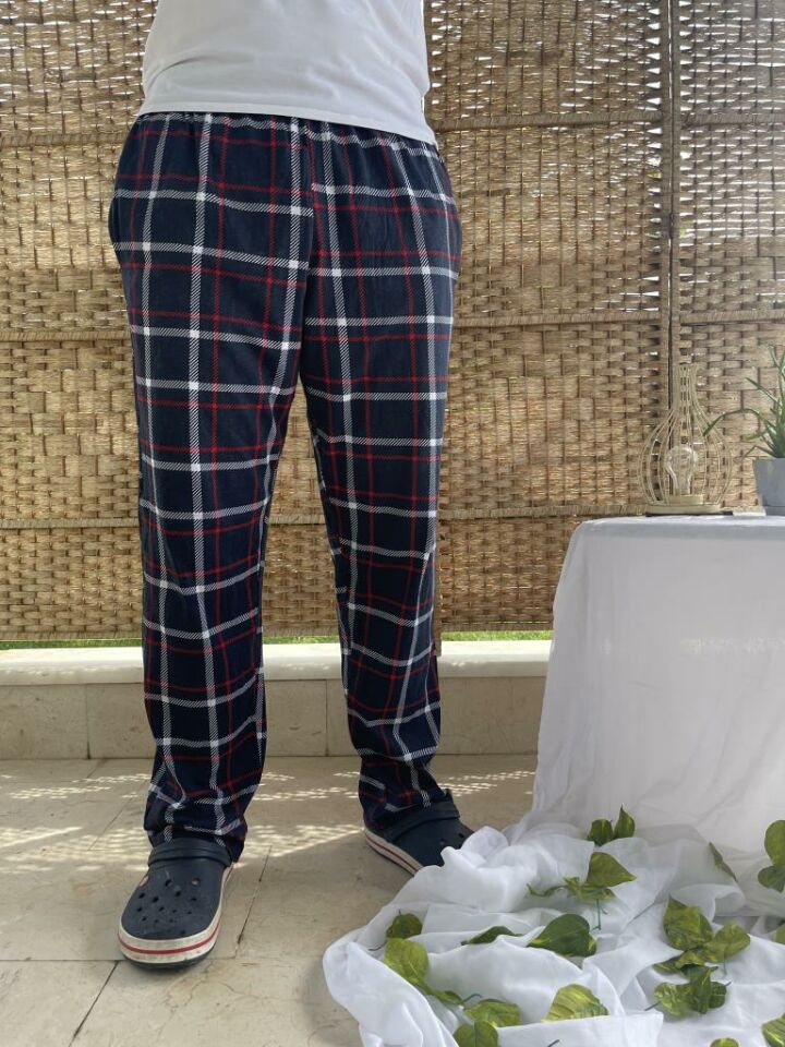 Betimoda %100 Pamuk Kareli Beli Lastikli Cepli Erkek Pijama Altı Lacivert Kareli - S