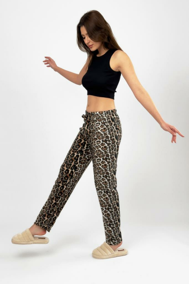 Kadın Polar Pijama Altı Kışlık Lastikli Bel Tek Alt Leopar - XXL