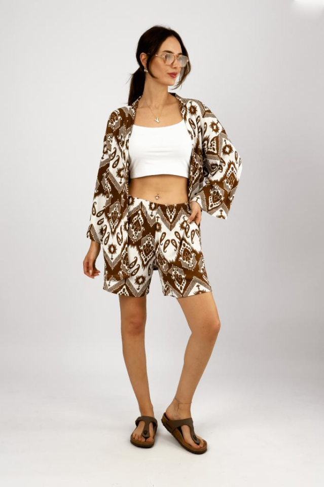 Kadın Likralı Bürümcük Kumaş Salaş Bol Şort Yazlık 2li Alt-Üst Takım KAHVERENGİ - XL