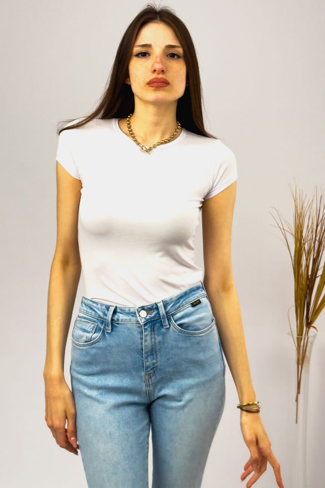 Kadın Kısa Kollu Bisiklet Yaka Body BEYAZ - L/XL