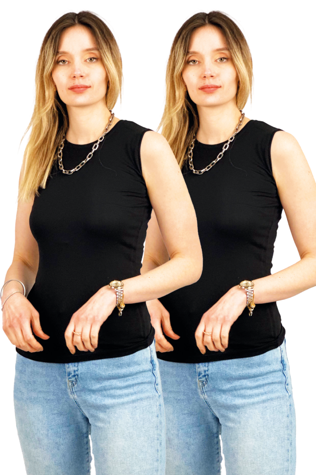 Kadın Sıfır Kol Bisiklet Yaka Body 2 Adet SİYAH - L/XL