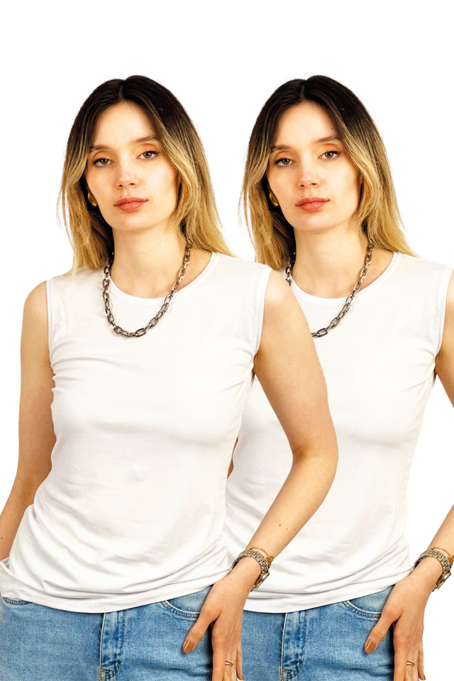 Kadın Sıfır Kol Bisiklet Yaka Body 2 Adet BEYAZ - L/XL