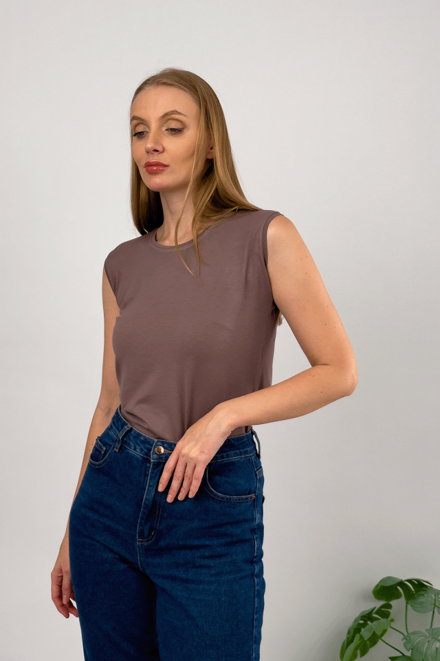 Kadın Sıfır Kol Bisiklet Yaka Body Koyu Vizon - L/XL