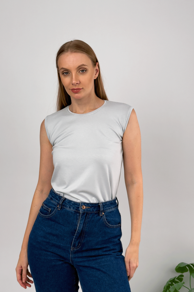 Kadın Sıfır Kol Bisiklet Yaka Body Açık Gri - L/XL