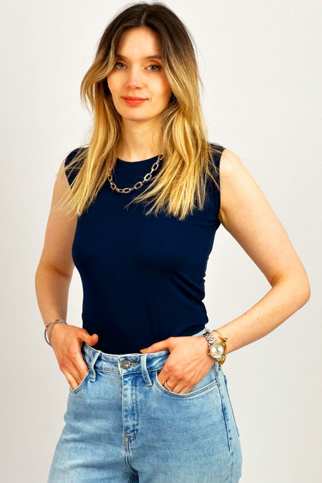 Kadın Sıfır Kol Bisiklet Yaka Body LACİVERT - L/XL