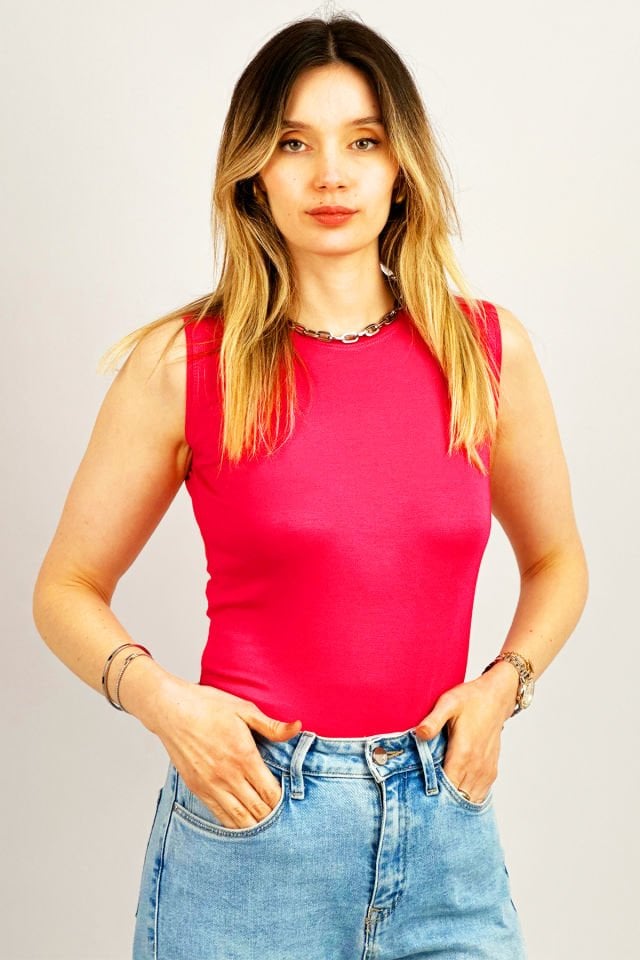 Kadın Sıfır Kol Bisiklet Yaka Body Fuşya - L/XL