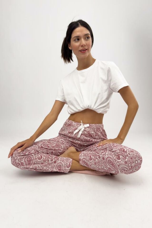 Betimoda Kadın Pijama Altı Kurdeleli Bordo Buta - M