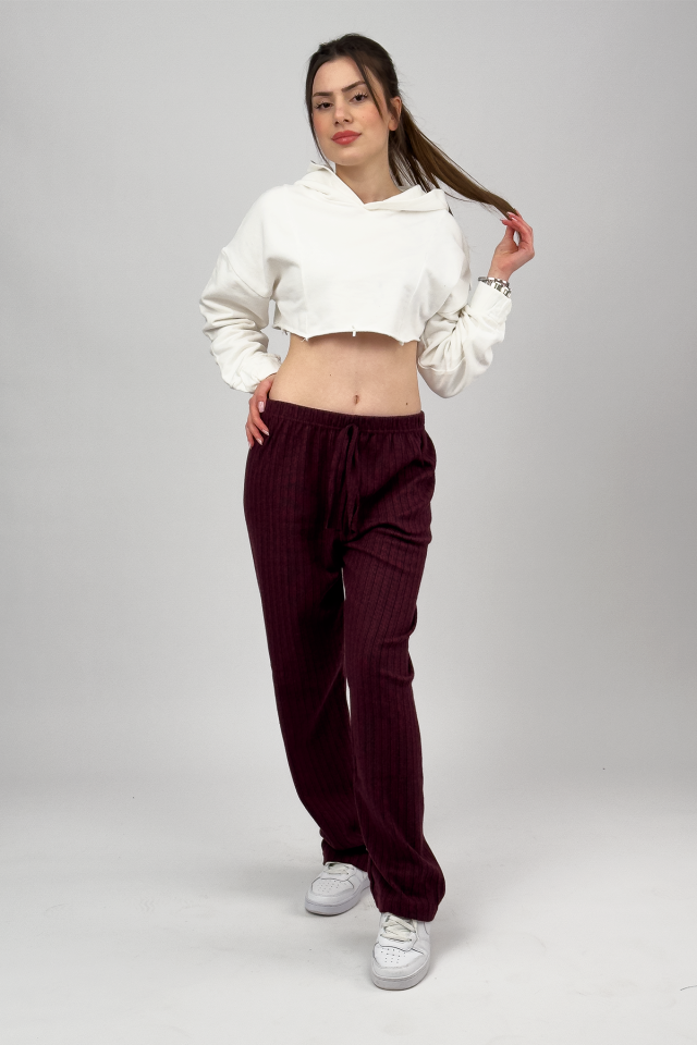 Kadın Yumuşak Dokulu Pamuklu Beli Lastikli Bol Paça Oversize Eşofman Pijama Altı BORDO - L