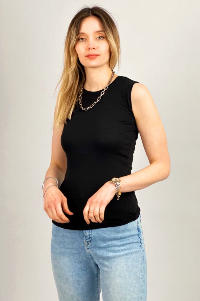 Kadın Sıfır Kol Bisiklet Yaka Body SİYAH - L/XL