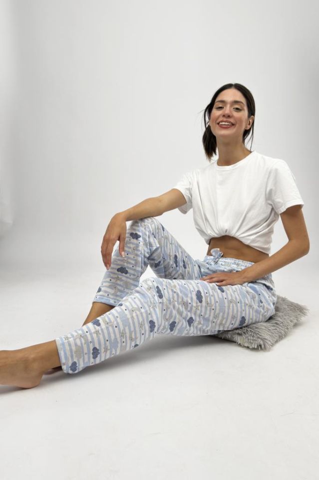 Betimoda Kadın Pijama Altı Kurdeleli Mavi Bulut Ay - L