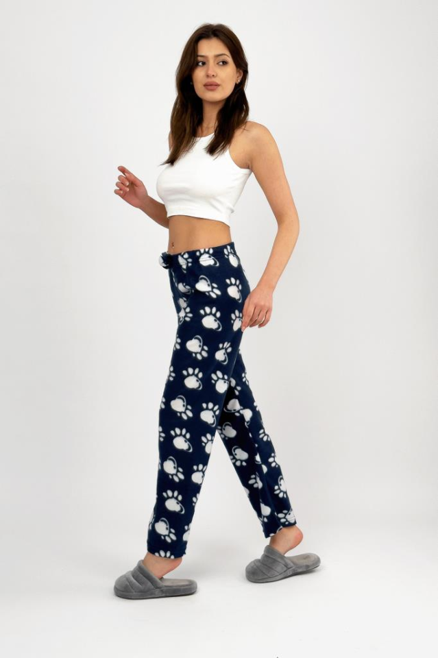 Kadın Polar Pijama Altı Kışlık Lastikli Bel Tek Alt Lacivert Pati - XL