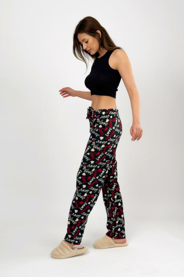 Kadın Polar Pijama Altı Kışlık Lastikli Bel Tek Alt Siyah Love - M