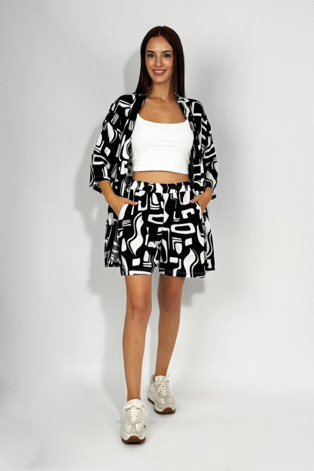 Dokuma Viskon Rahat Kesim Kimono Şort Alt Üst Takım Siyah Beyaz - 2XL